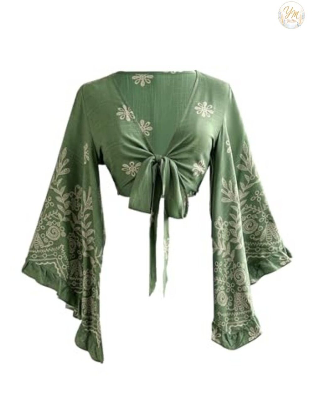 Boho Floral Tie Neck V-Neck Bell Sleeve Crop Top Country Concert